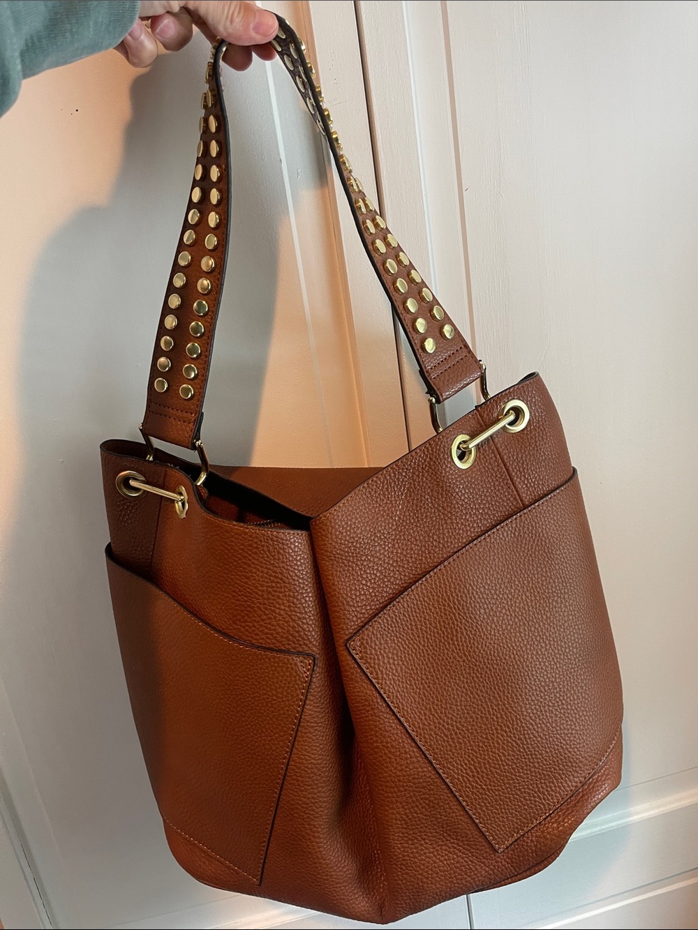 Steve Madden Brown Pebbled Leather Shoulder Bag with Gold Stud Accents